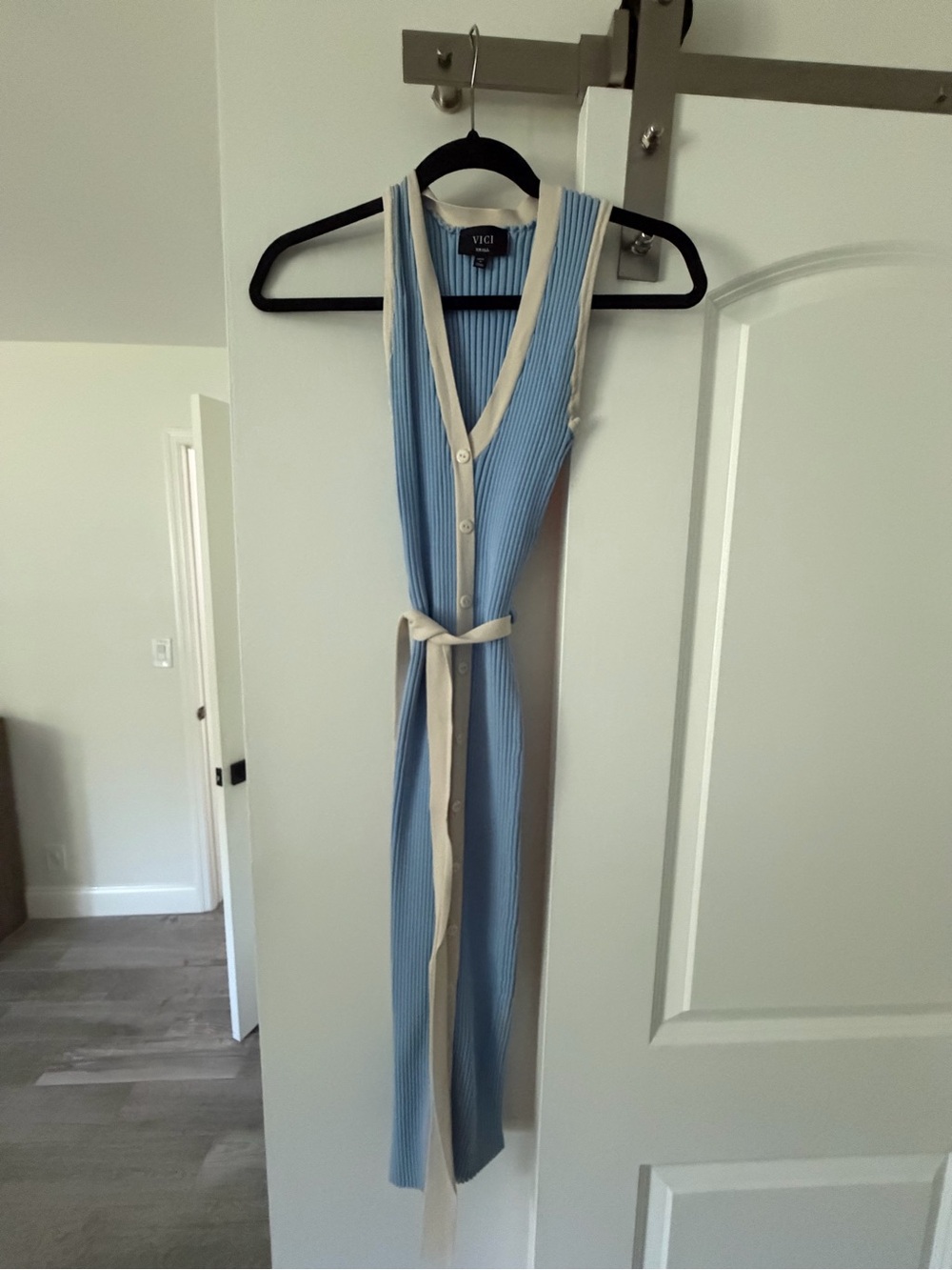 VICI Sleeveless Blue Knit Button-Front Dress with Cream Trim - Picture 4 of 5